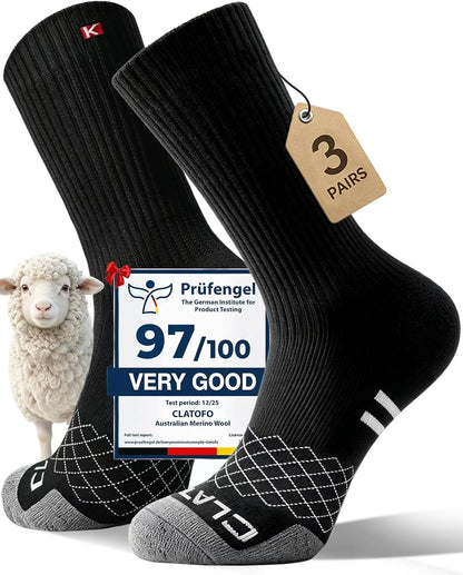 Merino Wool Thermal Socks for Men Women, Cushioned Performance Sport Socks for Hiking,Cycling,Work,Ski 3 Pairs
