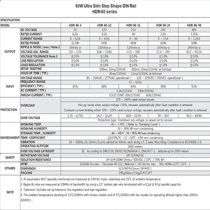 HDR-60-24 Ultra Slim Step-Shape 3SU DIN Rail Power Supply, 24Volt 2.5Amp 60Watt
