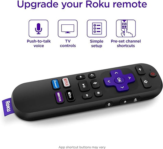 Roku Voice Remote  Replacement TV Remote Control with Voice Control, Simple Setup,  Pre-Set App Shortcuts - Compatible with Roku TV, Players,  Audio Devices