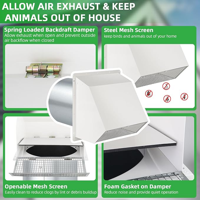 6 Inch Hooded Wall Vent with Screen and Damper,6" Vent Hood Wall Exhaust Vent Cover,Dryer Vent Cover Outside,6"Vent Cover Exterior Wall Vent Cap for Range Hood Kitchen Air Ventilation,Galvanized Steel