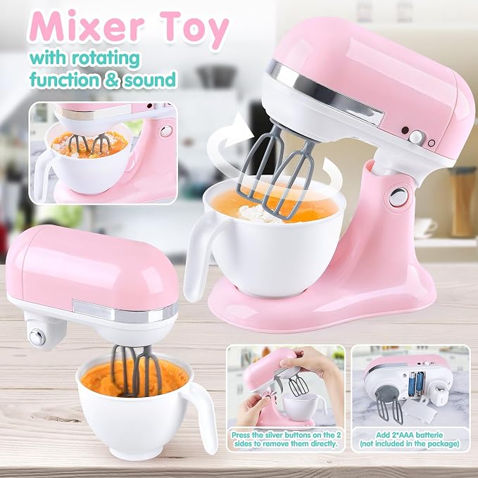 Kitchen Appliances Toys Playset Accessories for Toddlers Ages 3+, Pink | Toy Coffee Maker for Kids, Pretend Play Kitchen Set with Mixer & Toaster, Realistic Lights & Sounds, Ages 3+
