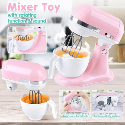 Kitchen Appliances Toys Playset Accessories for Toddlers Ages 3+, Pink | Toy Coffee Maker for Kids, Pretend Play Kitchen Set with Mixer & Toaster, Realistic Lights & Sounds, Ages 3+