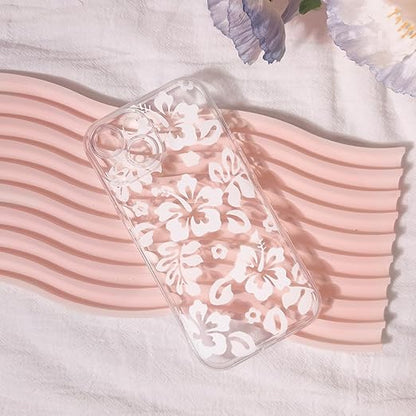 Compatible for iPhone 15 Case Cute Clear Hibiscus Flower Floral Aesthetic Printed Design for Girls Women Soft TPU Shockproof Protective Girly for iPhone 15-White