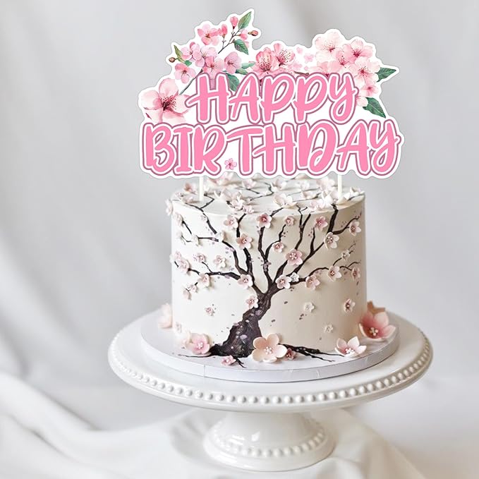 Cherry Blossom Happy Birthday Cake Topper, Japanese Sakura Cake Pick Decoration for Girls Women Birthday Party Supplies
