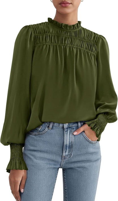 PRETTYGARDEN Blouses for Women Dressy Casual Fall Outfits 2026 Frill Neck Long Sleeve Shirts Satin Work Business Casual Tops