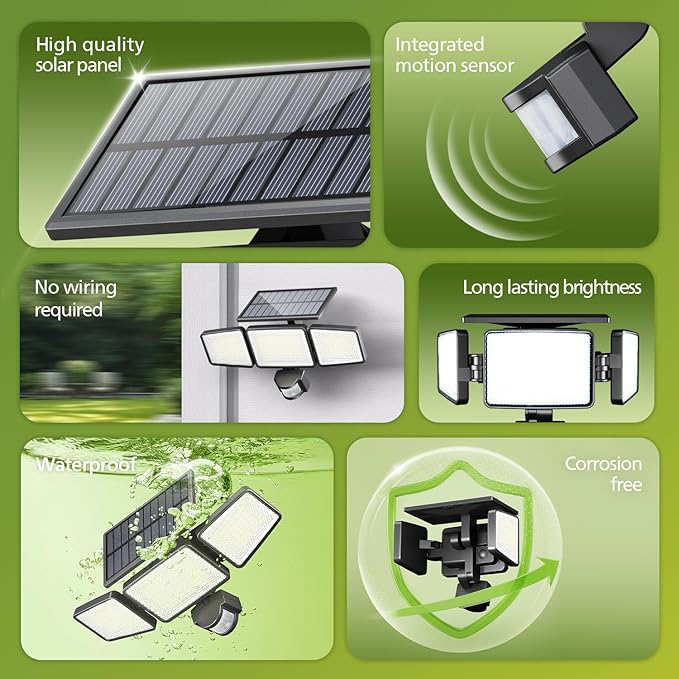 Solar Security Light Outdoor Light 302 LEDs 1200lm?Solar-Powered Waterproof Wall-Mounted Flood Light w/PIR Motion Sensor, 3 Heads, IP65 Waterproof, 3 Modes (1 Pack)