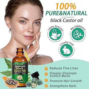 Jamaican Black Castor Oil, Organic Castor Oil for Hair Growth, Cold Press Unrefined, Thicker Eyelashes and Eyebrows, Massage Oil for Aromatherapy 60ML