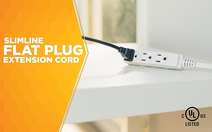 Woods SlimLine Indoor Flat Extension Cord, 8 Ft, 16 Gauge Right Angle Plug, 3 Polarized Outlets, 125 Volts, White, 2241