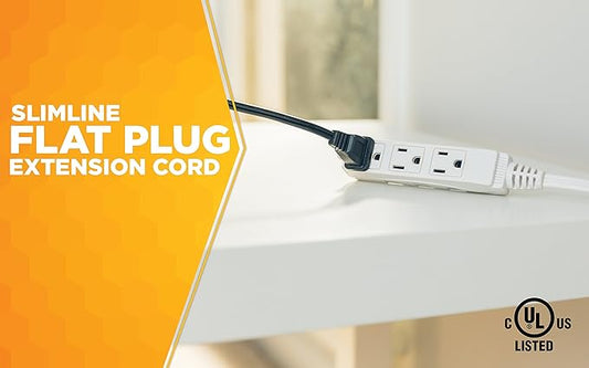 Woods SlimLine Indoor Flat Extension Cord, 8 Ft, 16 Gauge Right Angle Plug, 3 Polarized Outlets, 125 Volts, White, 2241