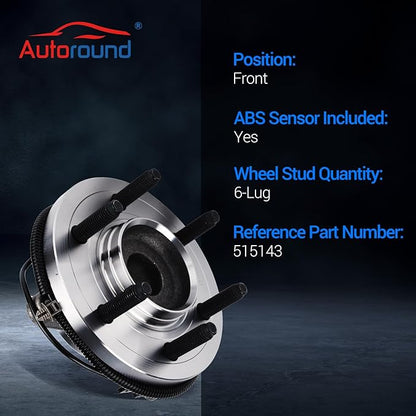 Autoround 515143 Front RWD Wheel Bearing and Hub Assembly Compatible with 2011-2014 Ford Expedition F-150, 2011-2014 Lincoln Navigator, 6 Lug wABS