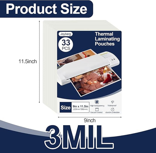 33 PCS Laminating Sheets 9”x11.5”, Thermal Laminating Pouches, 3mil Plastic Paper Laminate Sheets, Laminator Sheets Plasticized Craft Office and School Supplies, Lamination Sheets for 8.5”x11” Paper
