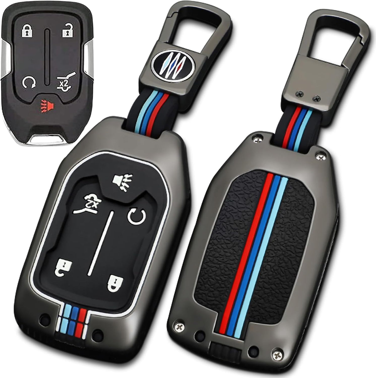 for CHEVROLET Key Fob Cover with Keychain Metal Shell Car Key Case Holder 360 Degree Protection for 2019-2024 GMC Suburban Tahoe Silverado Terrain Yukon Sierra 1500 2500 3500 HD Chevy,Gray