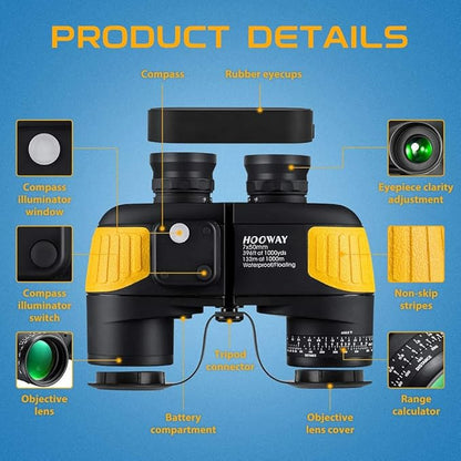 Hooway 7x50 Waterproof Fogproof Military Marine Binoculars wInternal Rangefinder  Compass for Navigation,Boating,Fishing,and More
