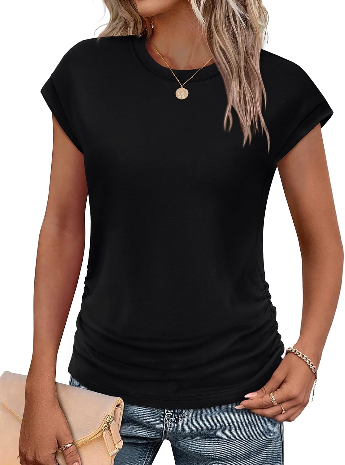 SAMPEEL Womens Summer Tops Trendy 2025 Ruched Cap Short Sleeve Tshirts Shirts Crew Neck T Shirts Fashion.