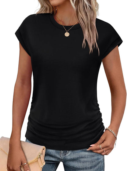 SAMPEEL Womens Summer Tops Trendy 2025 Ruched Cap Short Sleeve Tshirts Shirts Crew Neck T Shirts Fashion.