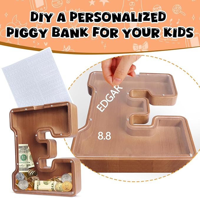 UBeesize 12in Extra Large Wooden Piggy Bank,Letter Piggy Bank for Boys Girls,Money Coin Bank for Kids,Christmas,Birthday,Childrens Gift and Home Office Decoration(S)