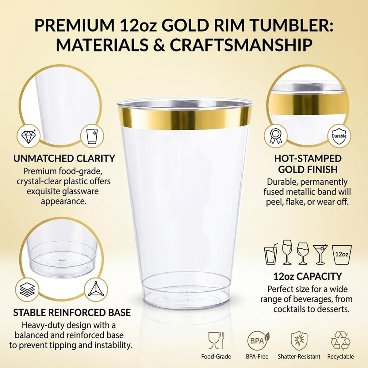 Byvivace 12oz Clear Plastic Cups with Gold Rimmed Sturdy & Food Safe Disposable Wine Glasses Wedding Cups Party Cups Plastic Cocktail Glasses for Wine, Juice, Cocktails and Cold Beverages [25 Pack]