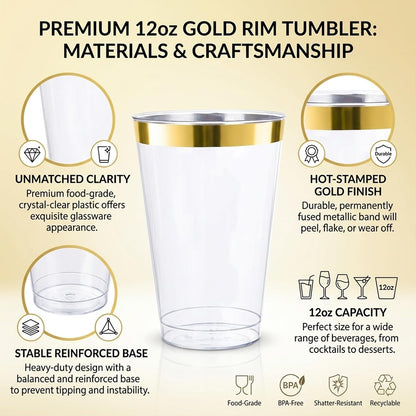 Byvivace 12oz Clear Plastic Cups with Gold Rimmed Sturdy & Food Safe Disposable Wine Glasses Wedding Cups Party Cups Plastic Cocktail Glasses for Wine, Juice, Cocktails and Cold Beverages [25 Pack]