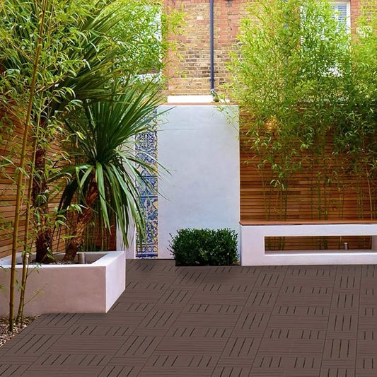 domi Outdoor Living Patio Deck Tiles, 12 x 12 inches Composite Interlocking Decking Tile, Four Slat Plastic Outdoor Flooring, 9 Pieces One Pack, Dark Brown