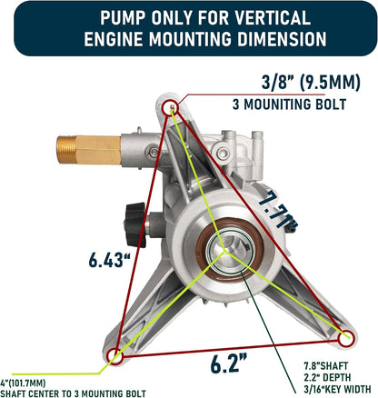 Hourleey 7/8" Shaft Vertical Pressure Washer Pump, 3400PSI 2.5GPM, Replacement Pump for Power Washer, Compatible with Honda, Simpson, RYOBI, Briggs & Stratton, Subaru, Craftsman (Pump Only, No Accessories Included)