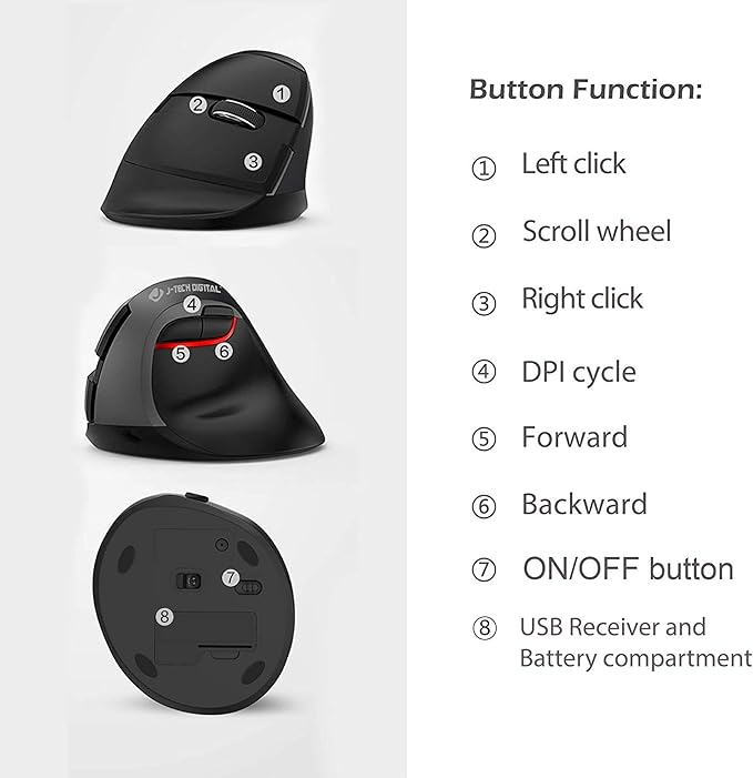 J-Tech Digital Wireless Ergonomic Vertical Mouse for Small Hands with USB Nano Transceiver, AA Battery, 3 DPI, Compatible with Mac and PC, Black V628M-2.4G