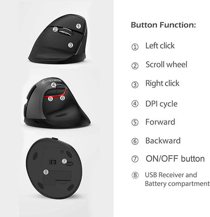 J-Tech Digital Wireless Ergonomic Vertical Mouse for Small Hands with USB Nano Transceiver, AA Battery, 3 DPI, Compatible with Mac and PC, Black V628M-2.4G