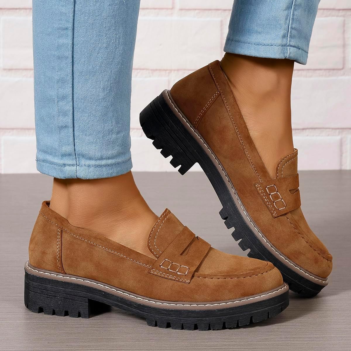 Womens Loafers Shoes Platform Chunky Penny Loafer Lug Sole Comfortable Slip On Work Office Business Casual Dress Shoes, US Size 5-11.5