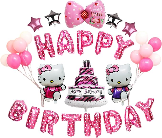 24PCS Pink Birthday Decorations, Cartoon Birthday Party Supplies, Happy Birthday Balloons Banner, Pink Theme Party Decor for Girls