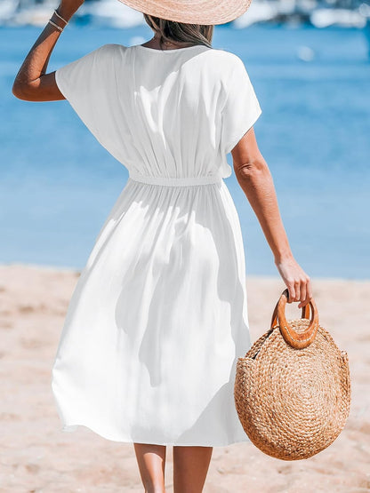 CUPSHE Women Beach Cover Up V Neck Short Sleeve Striped Midi Swimsuit Coverup Dress XS-XXL.
