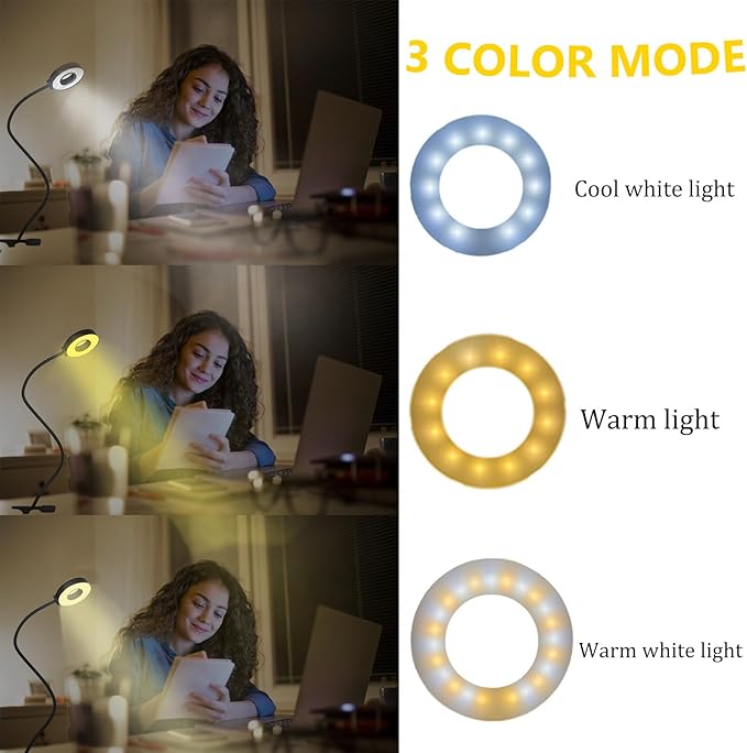 Clamp on Desk Lamp, LED Reading Light with Clamp - 3 Color Modes & 10 Brightness, 360°Adjustable Flexible Gooseneck Book Light for Office, Home, Reading and More - 18 inches Black