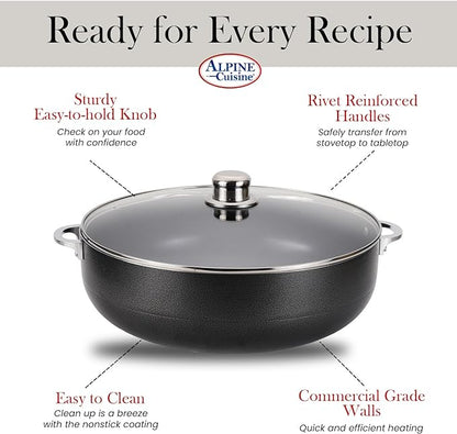 Alpine Cuisine 7 Quart Nonstick Cauldron with Glass Lid Multipurpose Aluminum Dutch Oven for Stewing - Boiling - Stewing Non-stick Coating with Black Finish