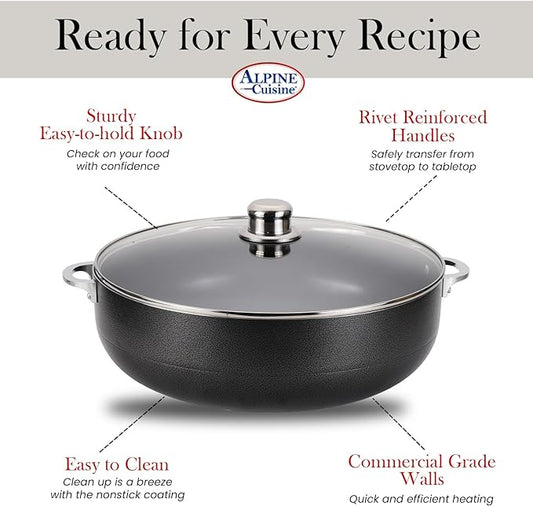 Alpine Cuisine 7 Quart Nonstick Cauldron with Glass Lid Multipurpose Aluminum Dutch Oven for Stewing - Boiling - Stewing Non-stick Coating with Black Finish