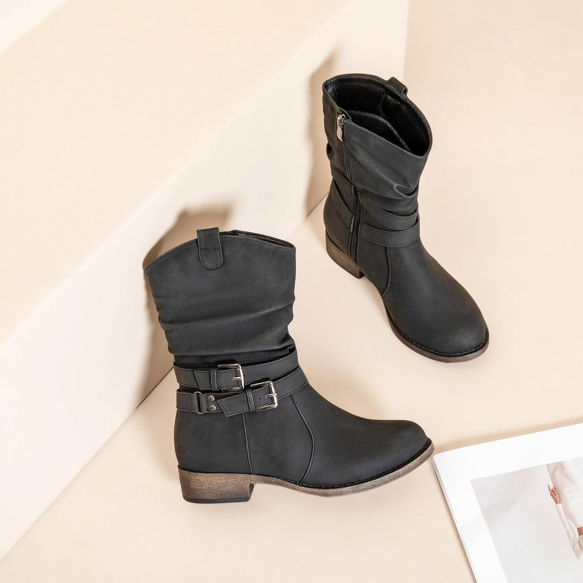 Women's Mid-Calf Cowboy Cowgirl Boots with Low Chunky Heel, Side Zipper, Motorcycle Style, Classic Round Toe,Fashion Western (Black/Dark Brown/Grey) Boots.