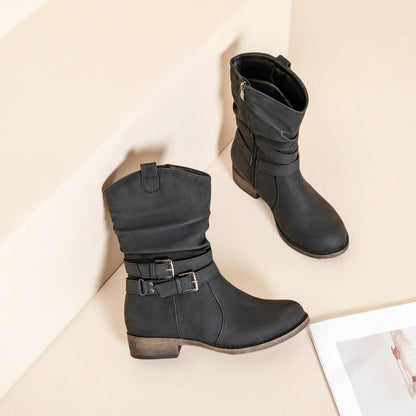 Women's Mid-Calf Cowboy Cowgirl Boots with Low Chunky Heel, Side Zipper, Motorcycle Style, Classic Round Toe,Fashion Western (Black/Dark Brown/Grey) Boots.