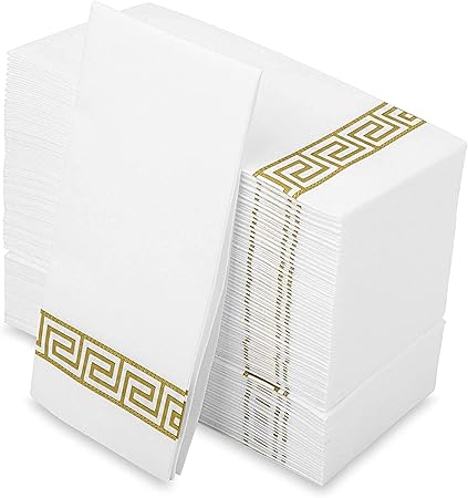 Decorative Hand Towels, Gold design 50 Disposable Linen-Feel Guest Towels  Formal Dinner, Anniversary, Wedding Napkins for Tables, Guestrooms, Restrooms, 8.5x4-Inches Folded, Gold 50 Pack