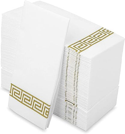 Decorative Hand Towels, Gold design 50 Disposable Linen-Feel Guest Towels  Formal Dinner, Anniversary, Wedding Napkins for Tables, Guestrooms, Restrooms, 8.5x4-Inches Folded, Gold 50 Pack