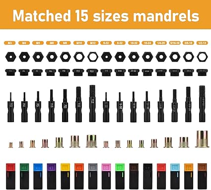 VIGRUE 16'' Rivet Nut Tool Kit Nutserts Rivnut Hand Tool Set with 15PCS Metric  SAE Mandrels and 300PCS Rivet Nuts Assortment