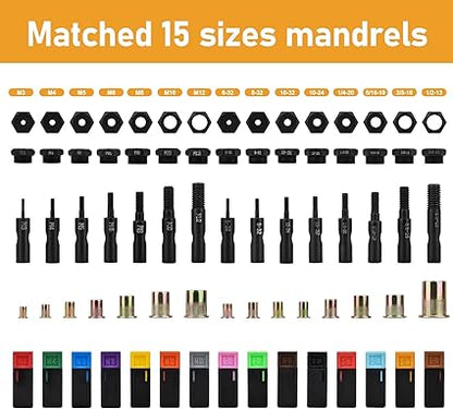 VIGRUE 16'' Rivet Nut Tool Kit Nutserts Rivnut Hand Tool Set with 15PCS Metric  SAE Mandrels and 300PCS Rivet Nuts Assortment