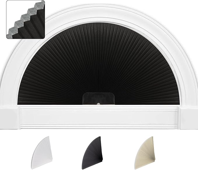 SEEYE Arch Window Blackout Shades, Pleated Fabric Blind (Radius: 24'') Half Circle Cellular Cordless Semicircular Blinds with No Tools, Half-Round Shade Easy to Cut and Install, Beige