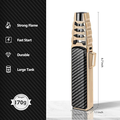 Butane Blowtorch, Outdoor Windproof Cooking Blowtorch Lighter, Refillable Adjustable Jet Flame Kitchen Butane Lighter with Safety and Fireproof Lock, Gift Box Packing(Gold)