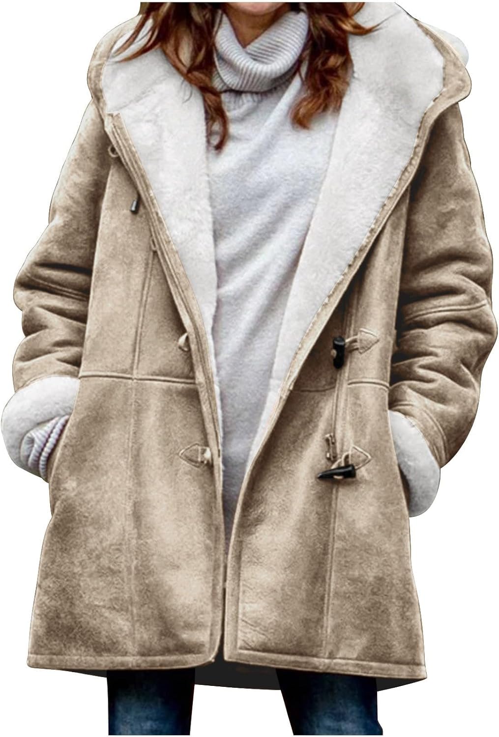Womens Sherpa Lined Jackets Fashion Winter Fuzzy Fleece Hoodie Sweatshirt Casual Soft Cozy Horn Button Down Coats.