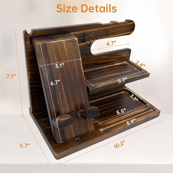 Wooden Phone Stand Holder Docking Station, Gifts for Men, Men Charging Station, Bed Nightstand Organizer Gifts for BirthdayFestival Idea for Desk Stand (Carbonize)