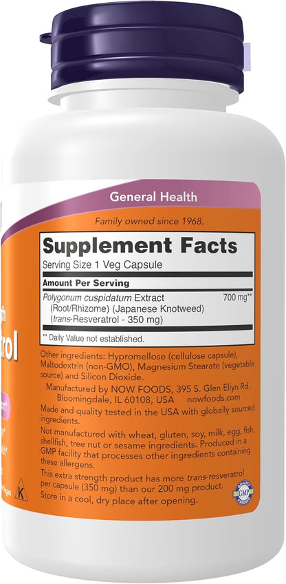 NOW Foods Supplements, Extra Strength Resveratrol 350mg, Natural Trans Resveratrol from 700 mg Japanese Knotweed Extract, 60 Veg Capsule