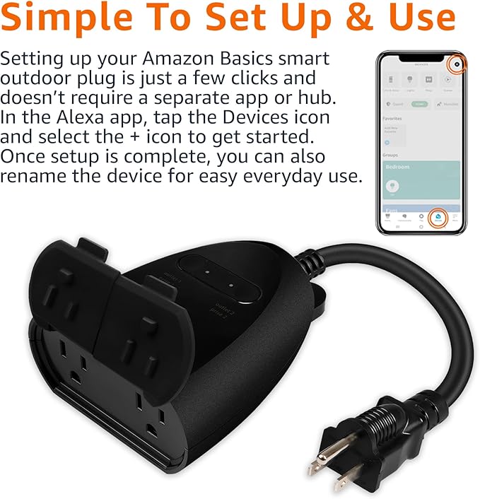 Basics Outdoor Smart Plug with 2 Individually Controlled Outlets, Works with Alexa Only, 2.4 GHz Wi-Fi, No Hub Required, Black
