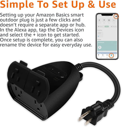 Basics Outdoor Smart Plug with 2 Individually Controlled Outlets, Works with Alexa Only, 2.4 GHz Wi-Fi, No Hub Required, Black