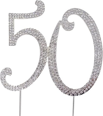 Honbay 50 Birthday Cake Topper Sparkly Bling Alloy Crystal Rhinestones Cake Topper Cake Decoration for 50th Birthday or Anniversary Party (Silver)