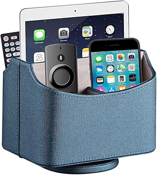 PU Leather Remote Control Holder,360 Degree Spinning Desk TV Remote Caddy,Desk Organizers and Accessories,for Controller,Media,Mail,Calculator,Mobile Phone,Pen Storage Holder(Blue Cloth)