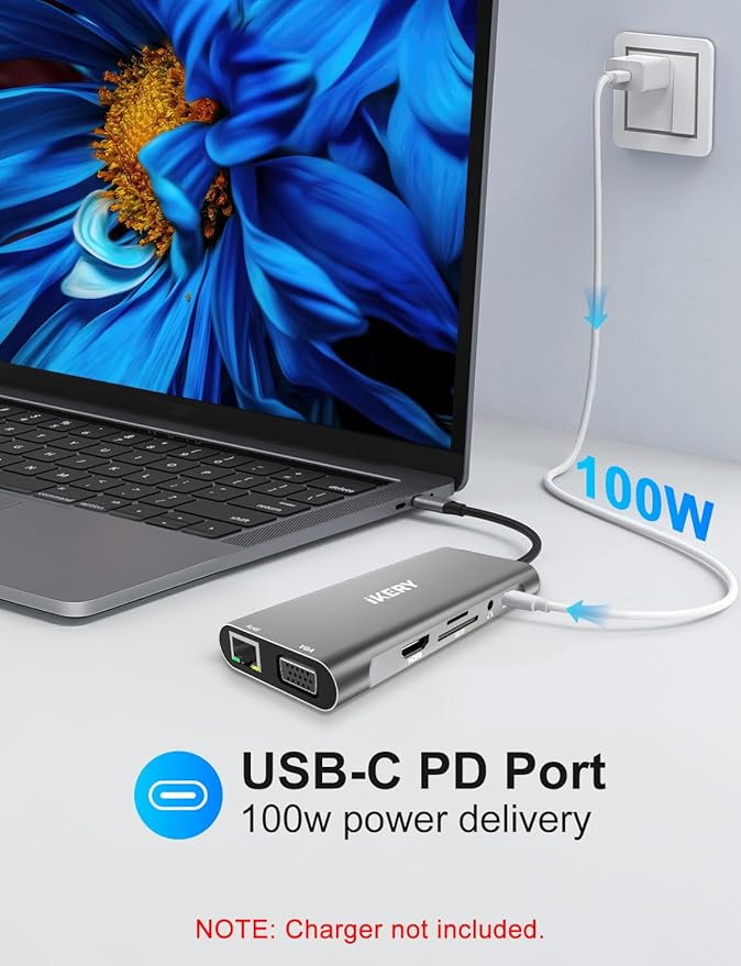 IKERY 11 in 1 USB C Hub, 4K HDMI & 1080P VGA, 100W PD Charging, RJ45 Ethernet, SD/TF Card Reader, 3.5mm Audio, USB 3.0/2.0 Ports for Laptop/MacBook Pro/Air