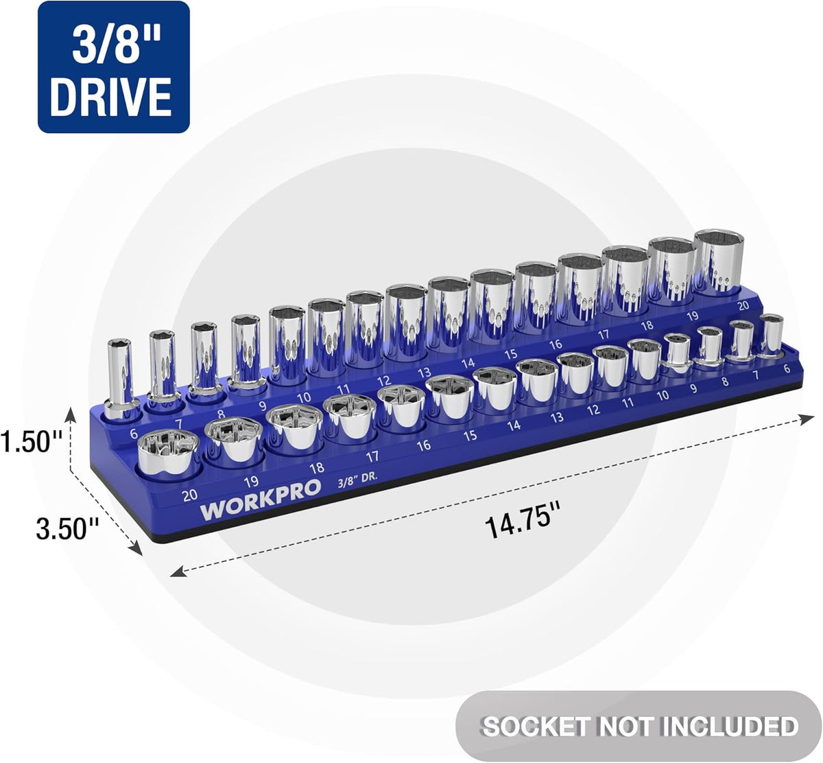 WORKPRO 3/8" Metric Magnetic Socket Organizer, Holds 30 Pieces, Standard & Deep Sockets (Sockets Not Included)
