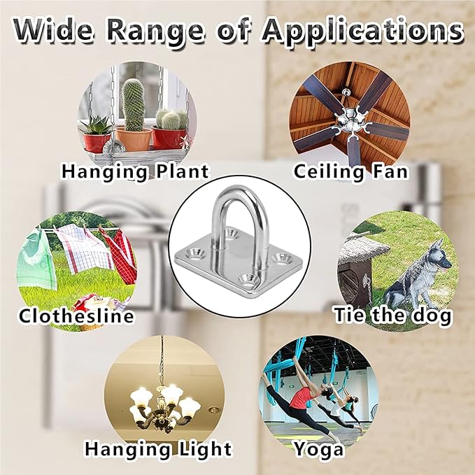 4 Pcs 2 x 1.6 Inch 304 Stainless Steel Ceiling Hooks Pad Eyes Plate Marine Hardware Hooks with Screws